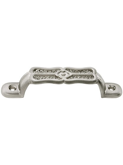 Ornamental Cast Brass Drawer Pull - 3 1/8 inch Center to Center in Satin Nickel.